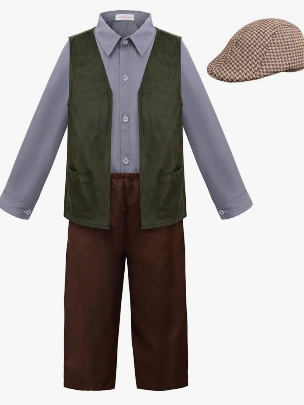 Kids Olive & Brown Colonial/ Newsboy Costume with Houndstooth Cap 8-10 Year Olds